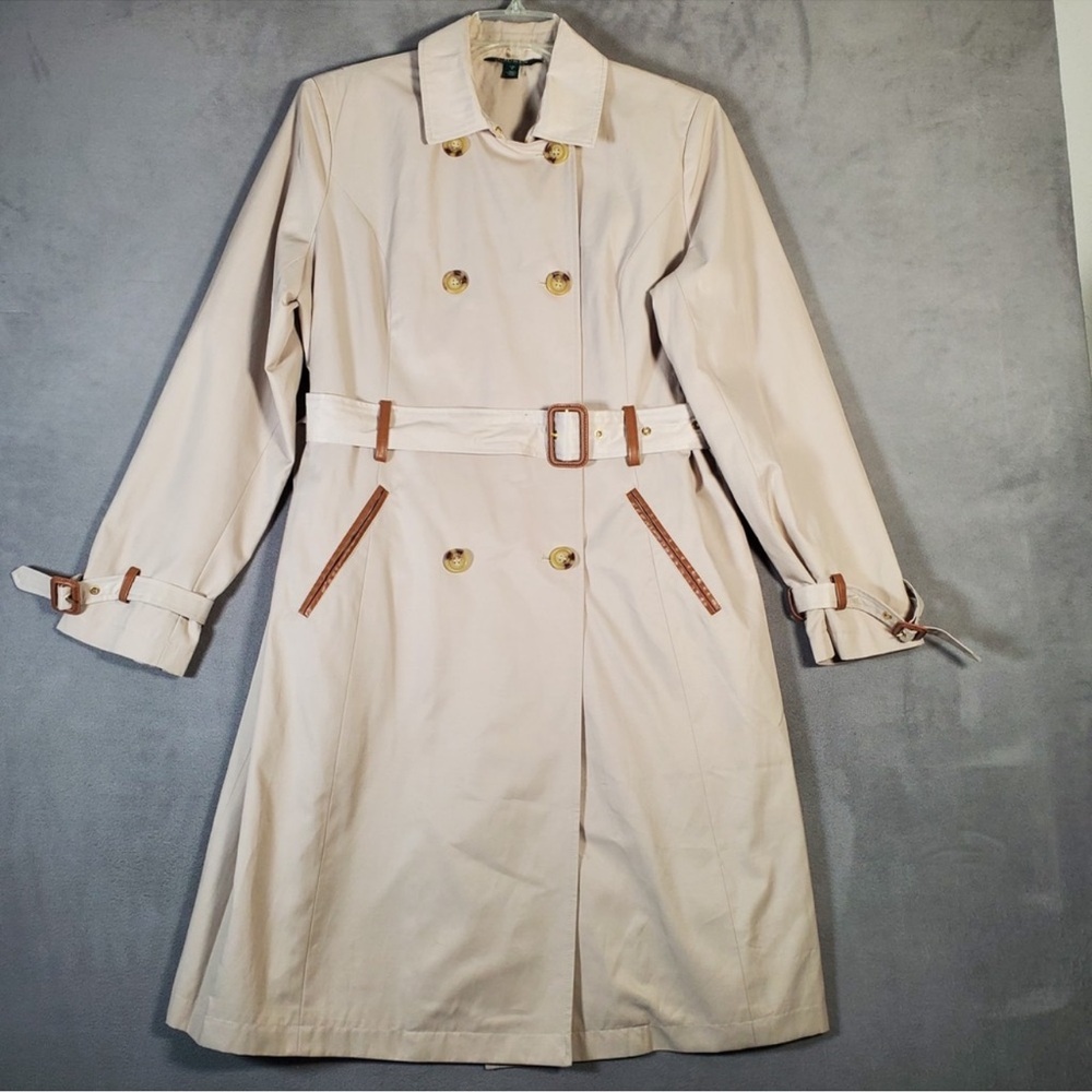 Lauren Ralph Lauren Trench Coat Womens L Beige Double Breasted Belted Preppy